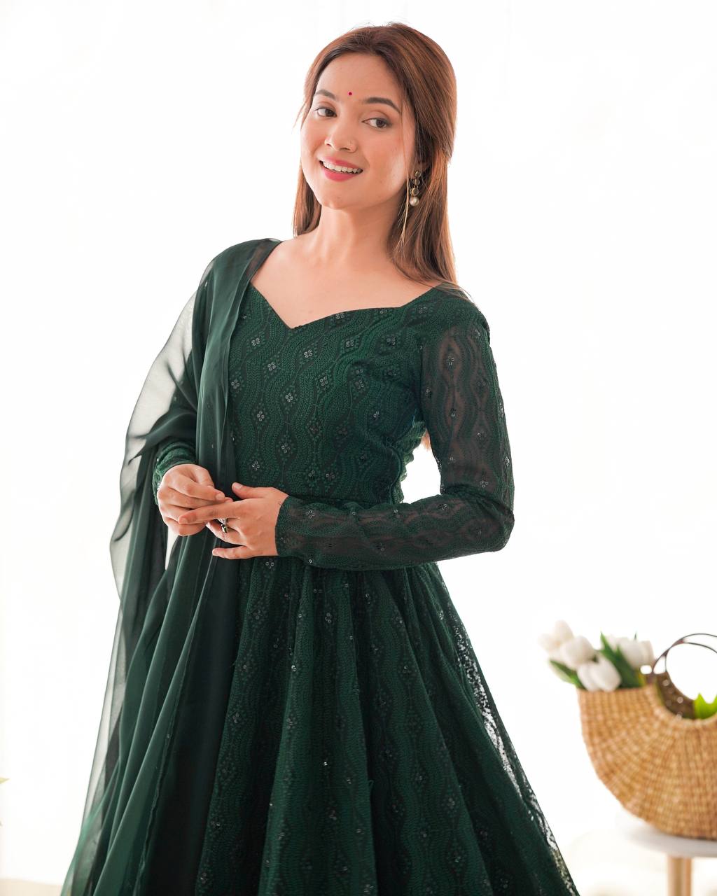 Emerald Green Georgette Flared Anarkali Suit with Dupatta