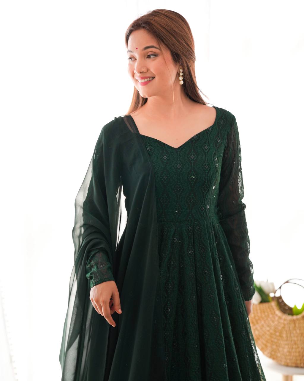 Emerald Green Georgette Flared Anarkali Suit with Dupatta