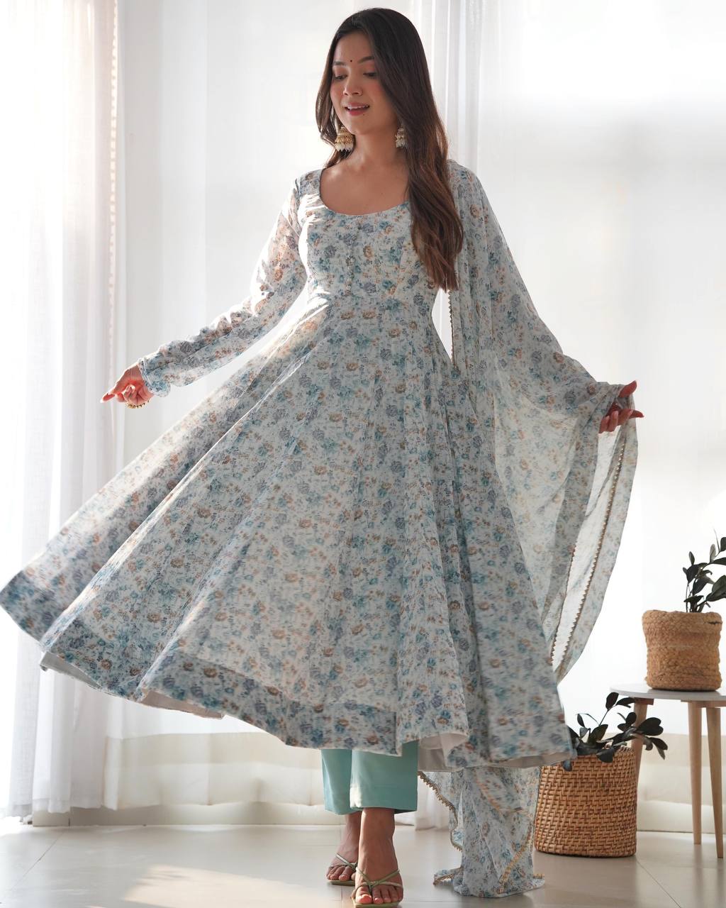 Powder Blue Floral Print Anarkali Set