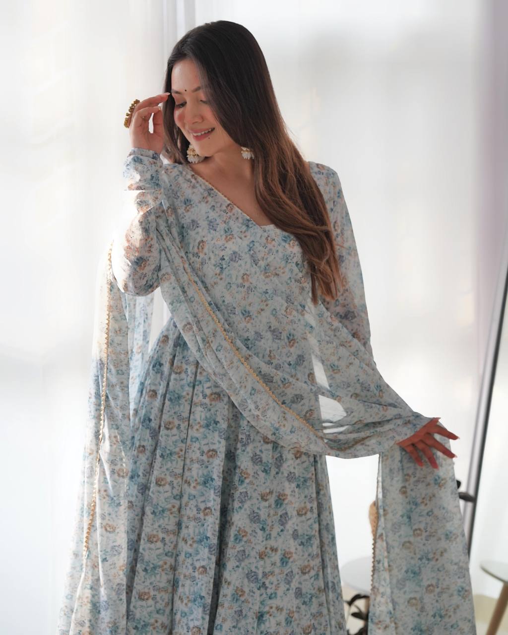 Powder Blue Floral Print Anarkali Set