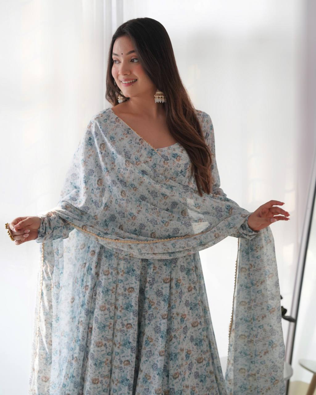 Powder Blue Floral Print Anarkali Set