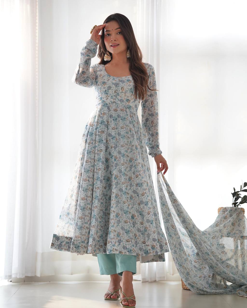 Powder Blue Floral Print Anarkali Set