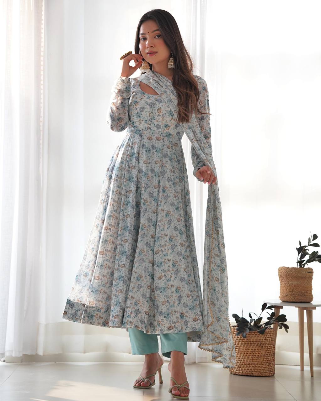 Powder Blue Floral Print Anarkali Set
