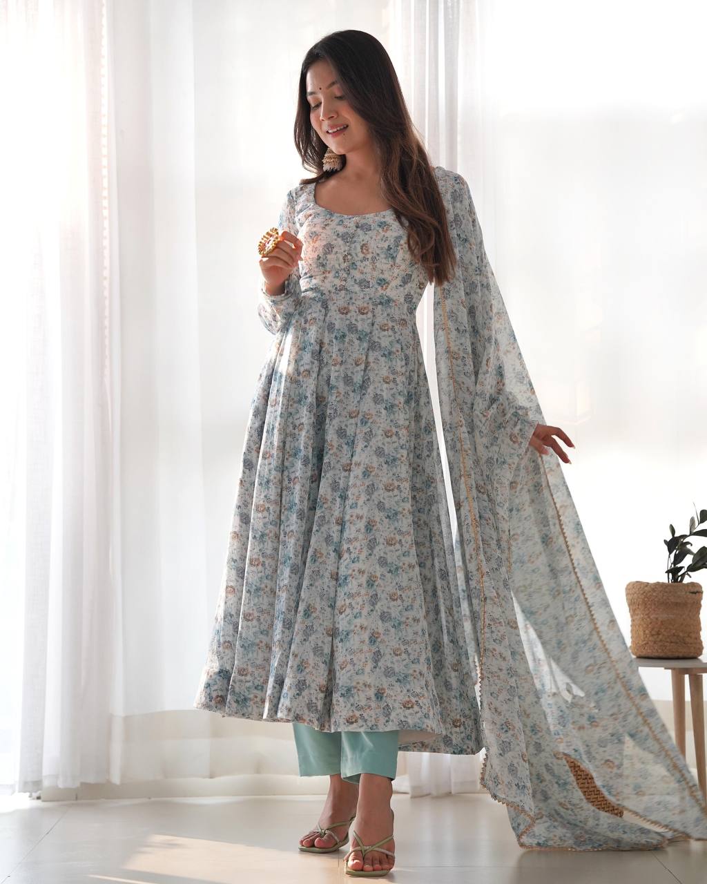 Powder Blue Floral Print Anarkali Set