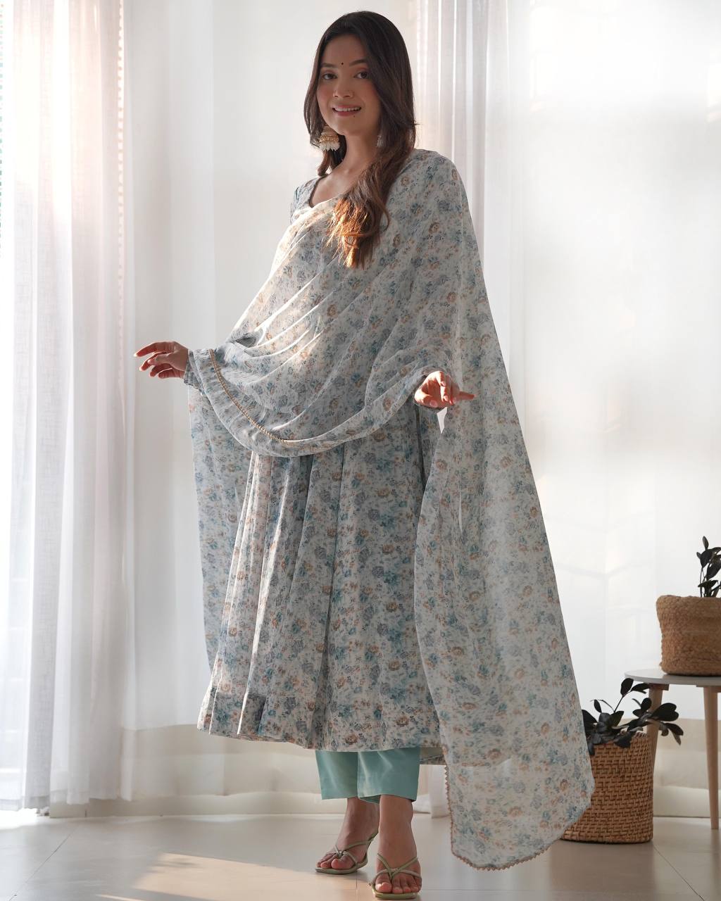 Powder Blue Floral Print Anarkali Set
