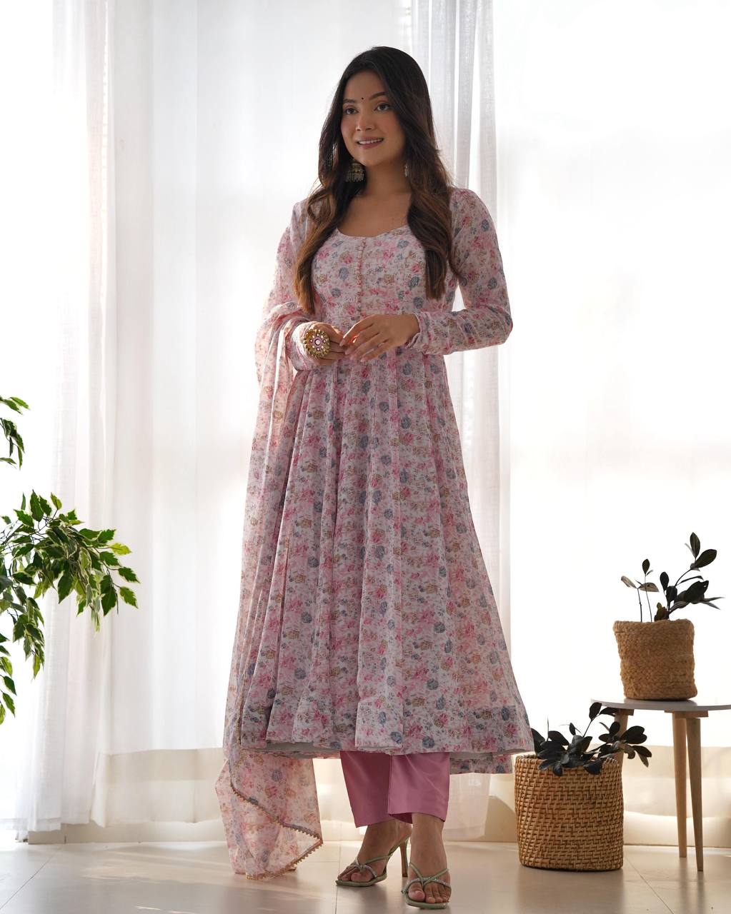 Blush Pink Floral Anarkali Suit with Dupatta
