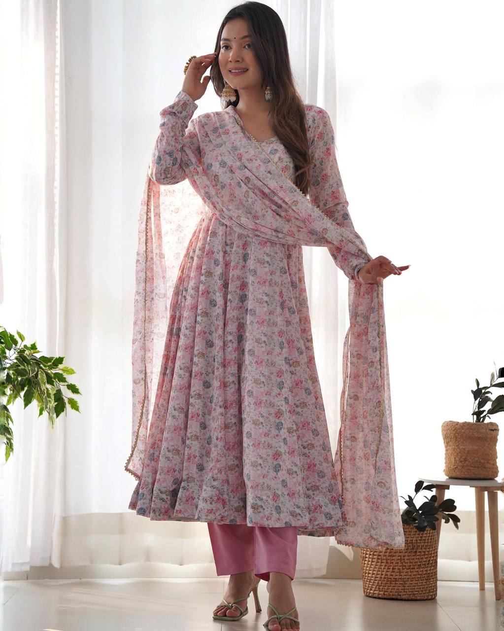 Blush Pink Floral Anarkali Suit with Dupatta