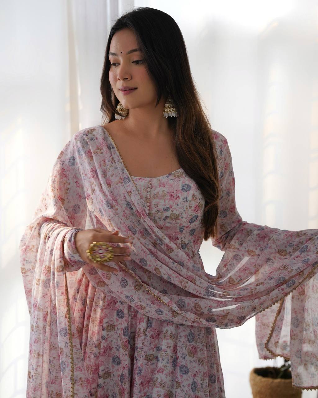 Blush Pink Floral Anarkali Suit with Dupatta