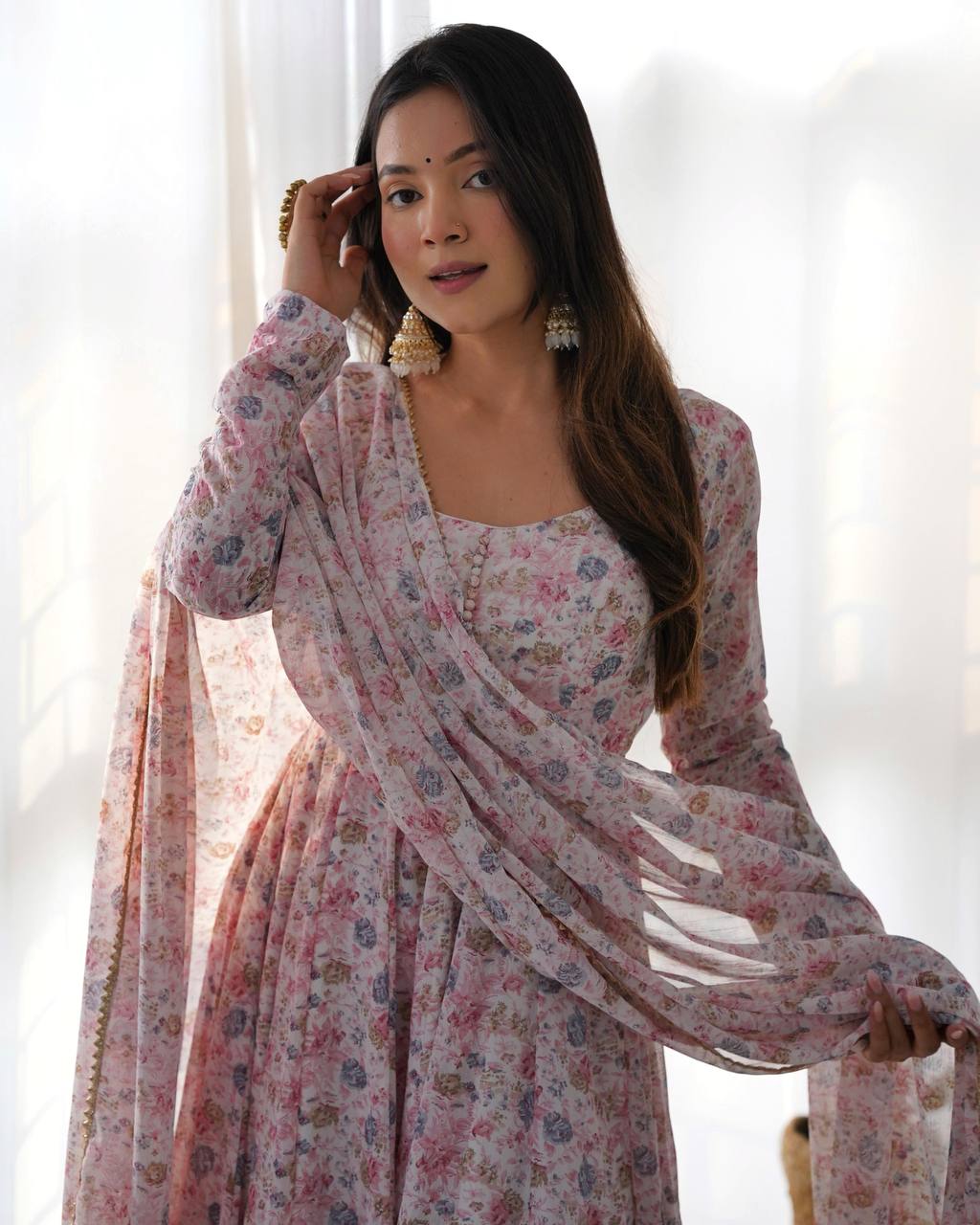 Blush Pink Floral Anarkali Suit with Dupatta