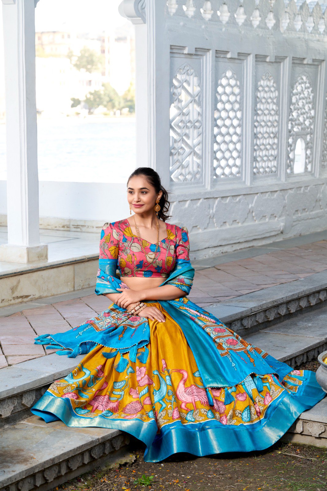 Traditional Kalamkari Motif Lehenga with Printed Blouse and Silk Dupatta