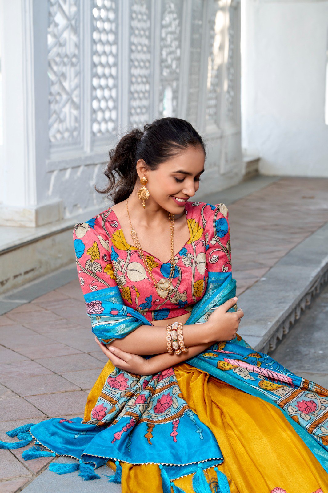 Traditional Kalamkari Motif Lehenga with Printed Blouse and Silk Dupatta
