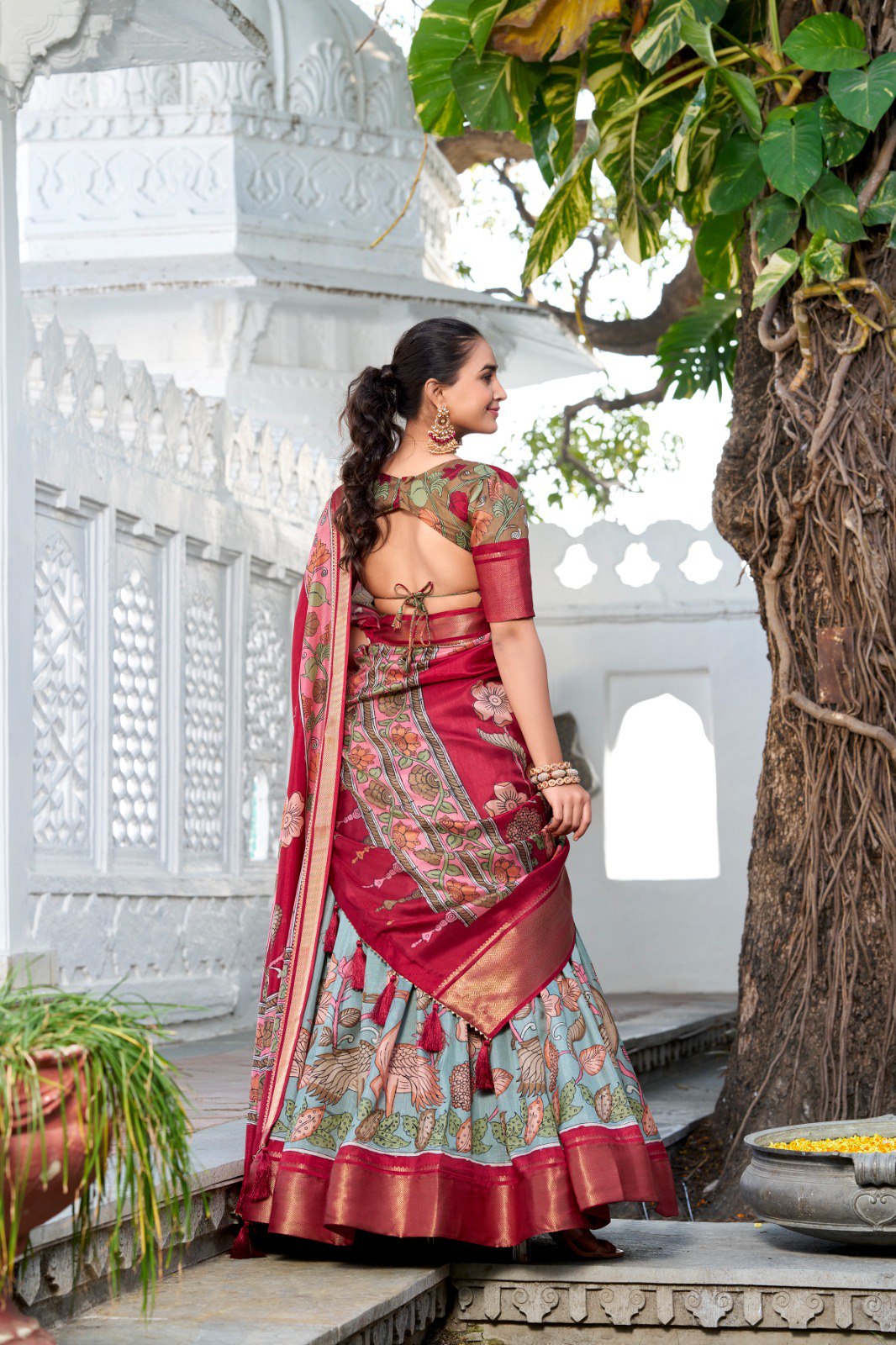 Traditional Kalamkari Motif Lehenga with Printed Blouse and Silk Dupatta