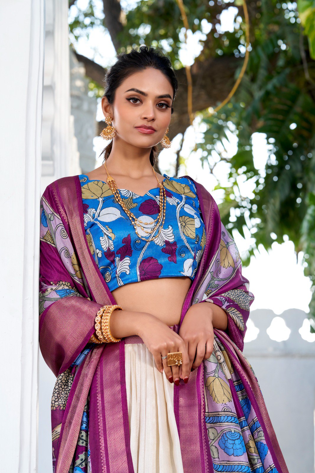Traditional Kalamkari Motif Lehenga with Printed Blouse and Silk Dupatta