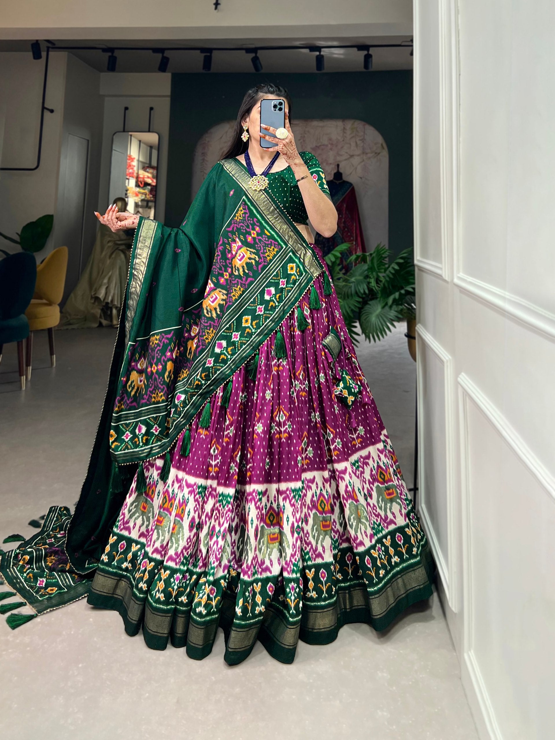 Traditional Patola Motif Lehenga Choli Set with Elephant Embroidery