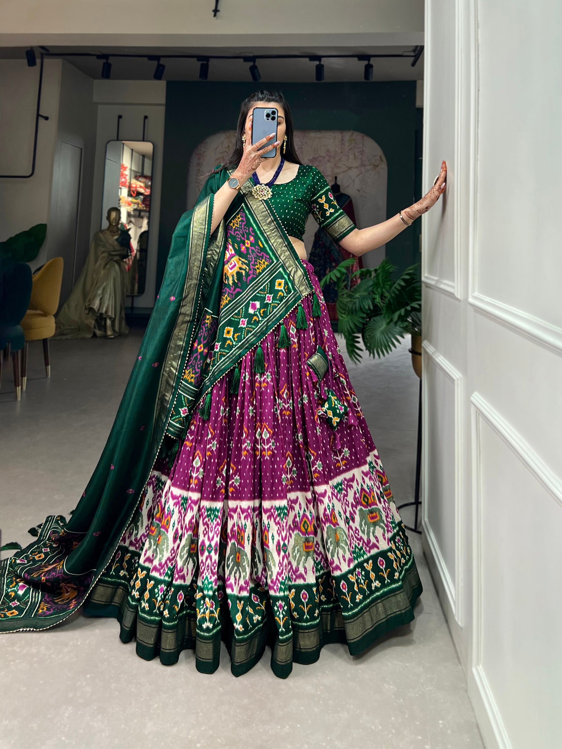Traditional Patola Motif Lehenga Choli Set with Elephant Embroidery