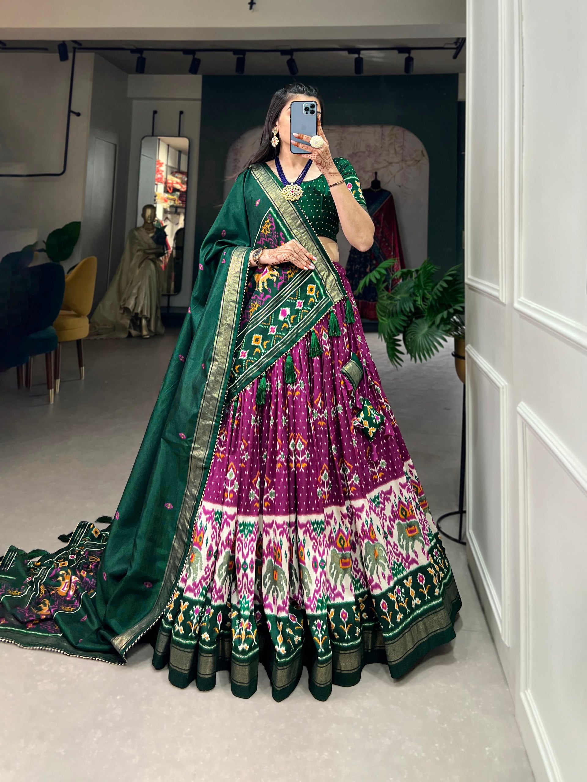 Traditional Patola Motif Lehenga Choli Set with Elephant Embroidery