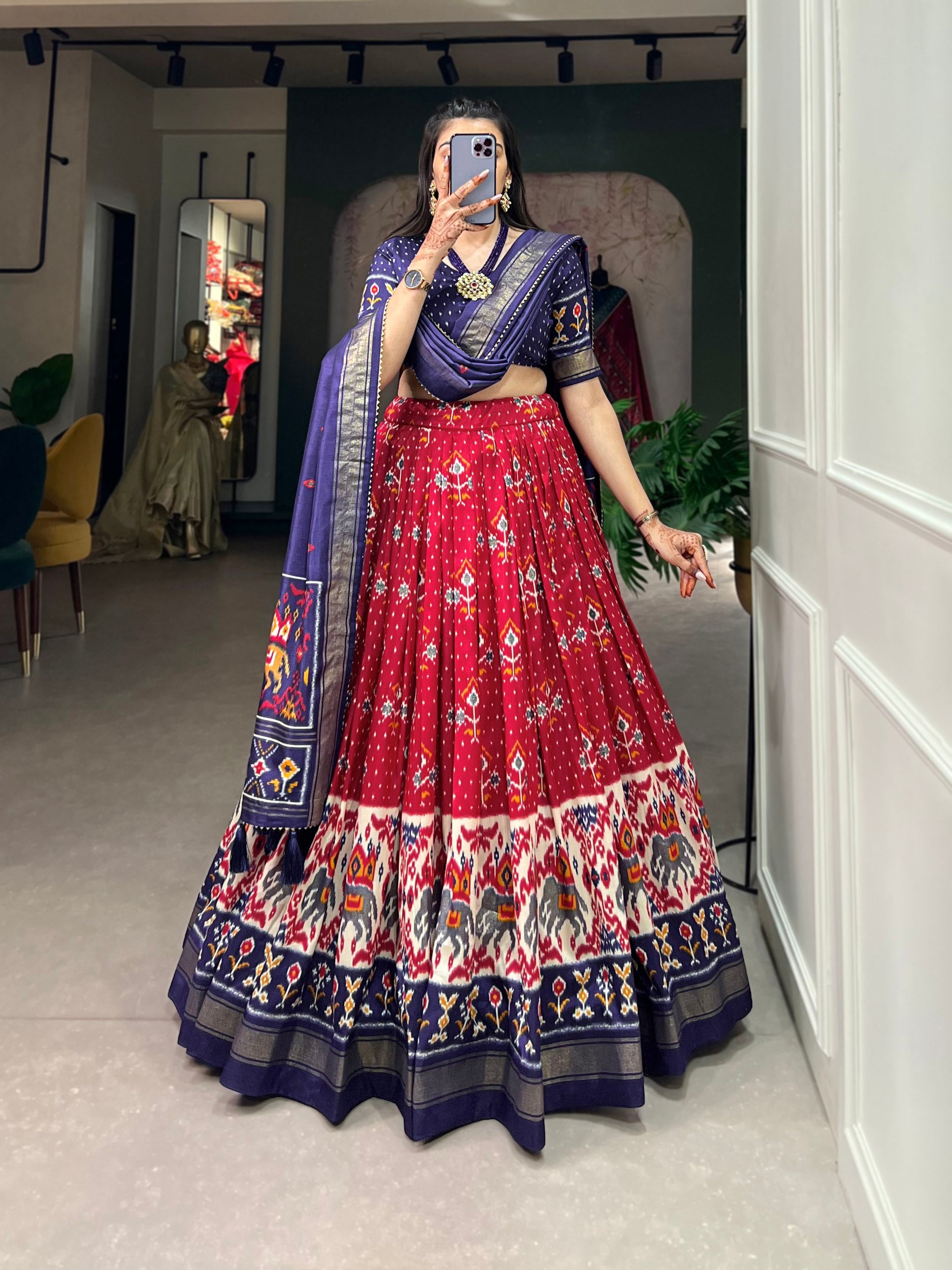 Traditional Patola Motif Lehenga Choli Set with Elephant Embroidery