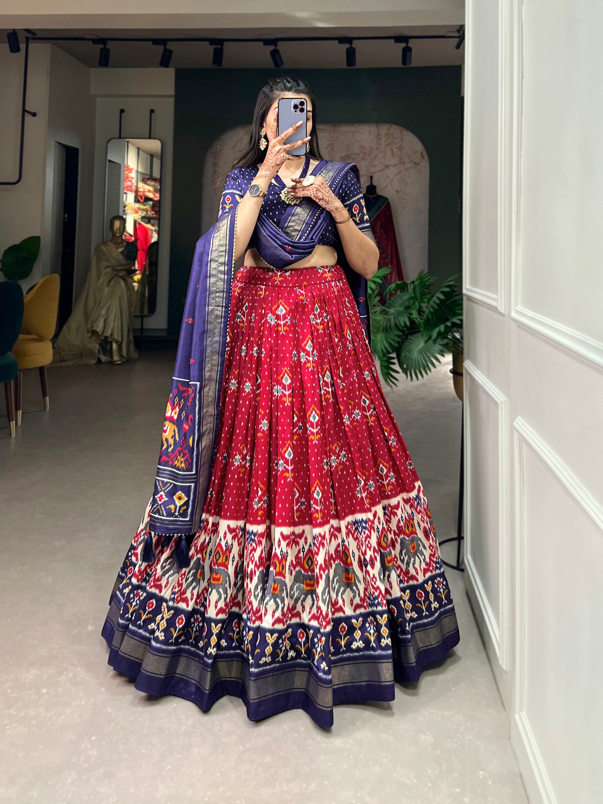 Traditional Patola Motif Lehenga Choli Set with Elephant Embroidery