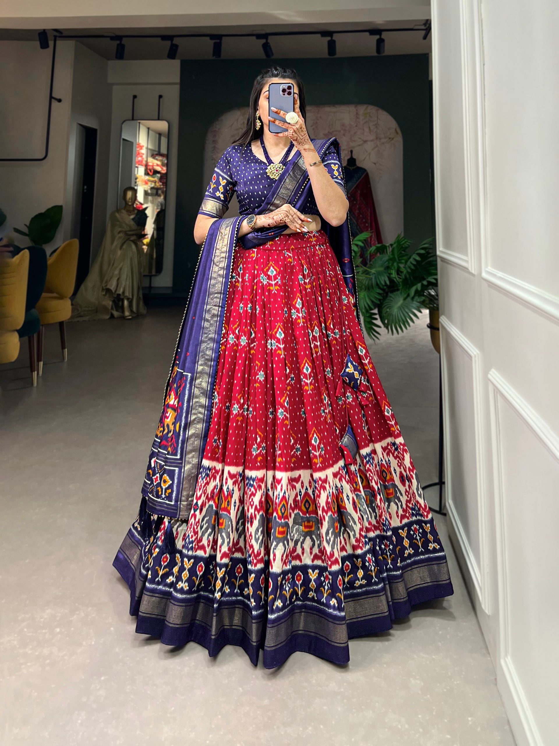 Traditional Patola Motif Lehenga Choli Set with Elephant Embroidery