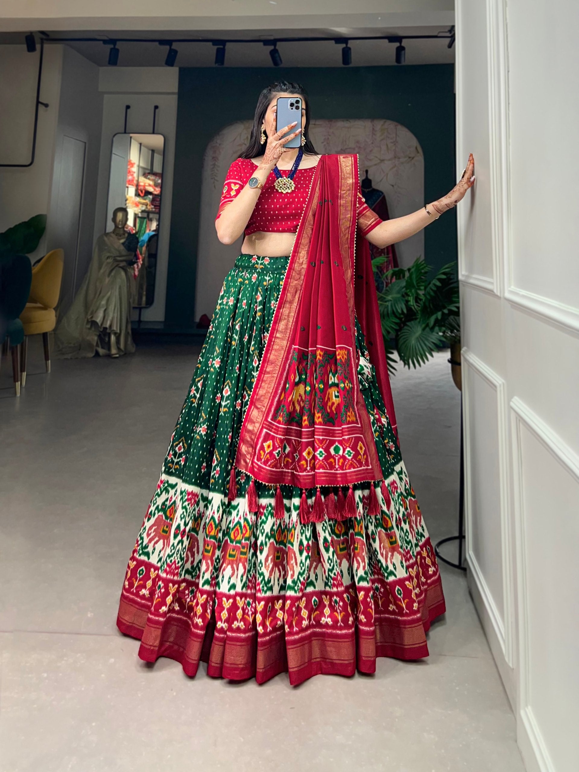 Traditional Patola Motif Lehenga Choli Set with Elephant Embroidery