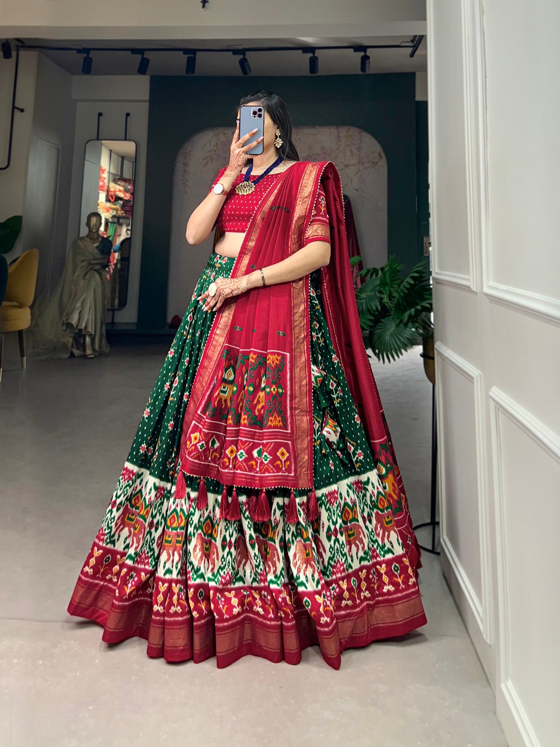 Traditional Patola Motif Lehenga Choli Set with Elephant Embroidery