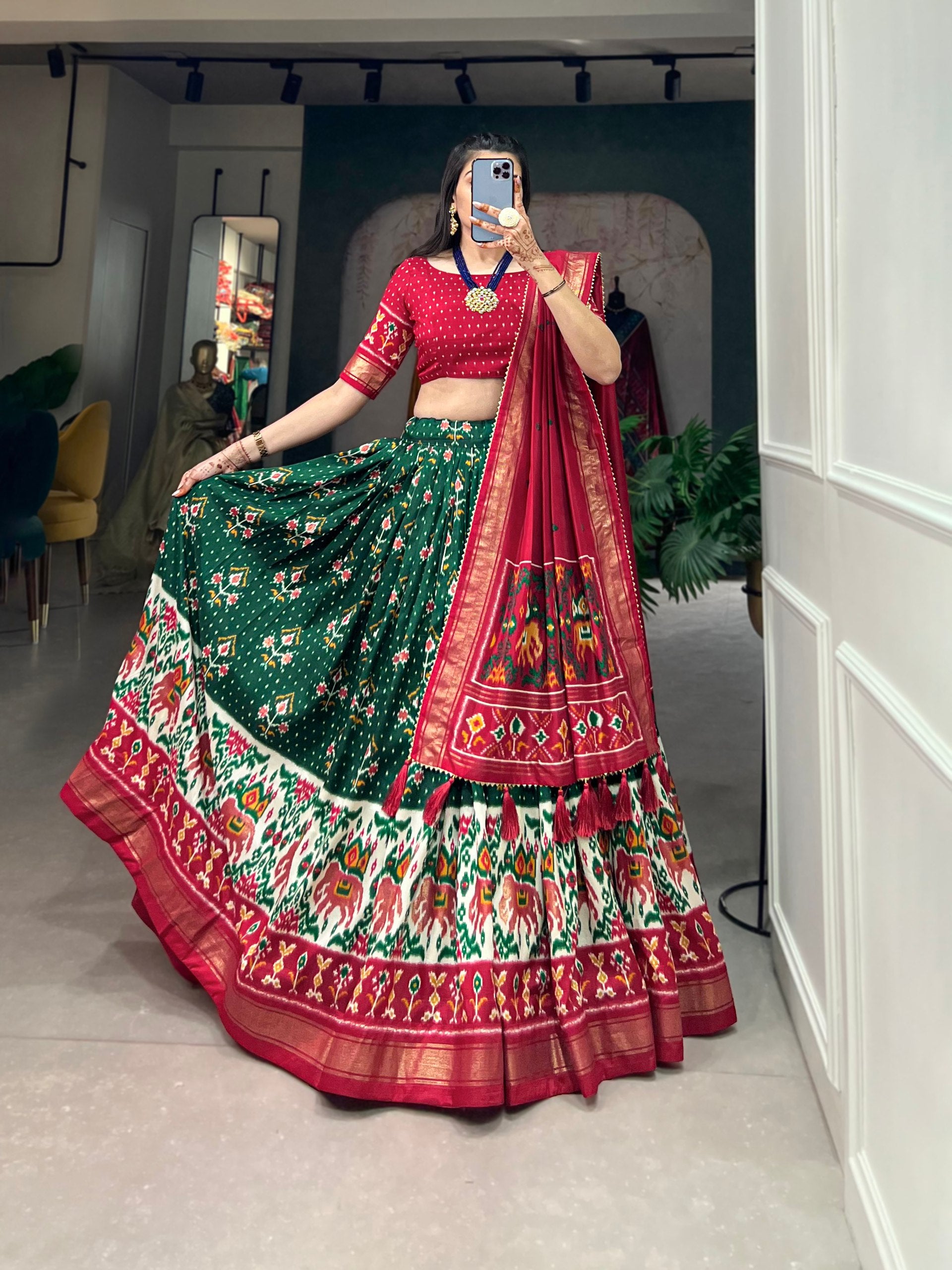 Traditional Patola Motif Lehenga Choli Set with Elephant Embroidery