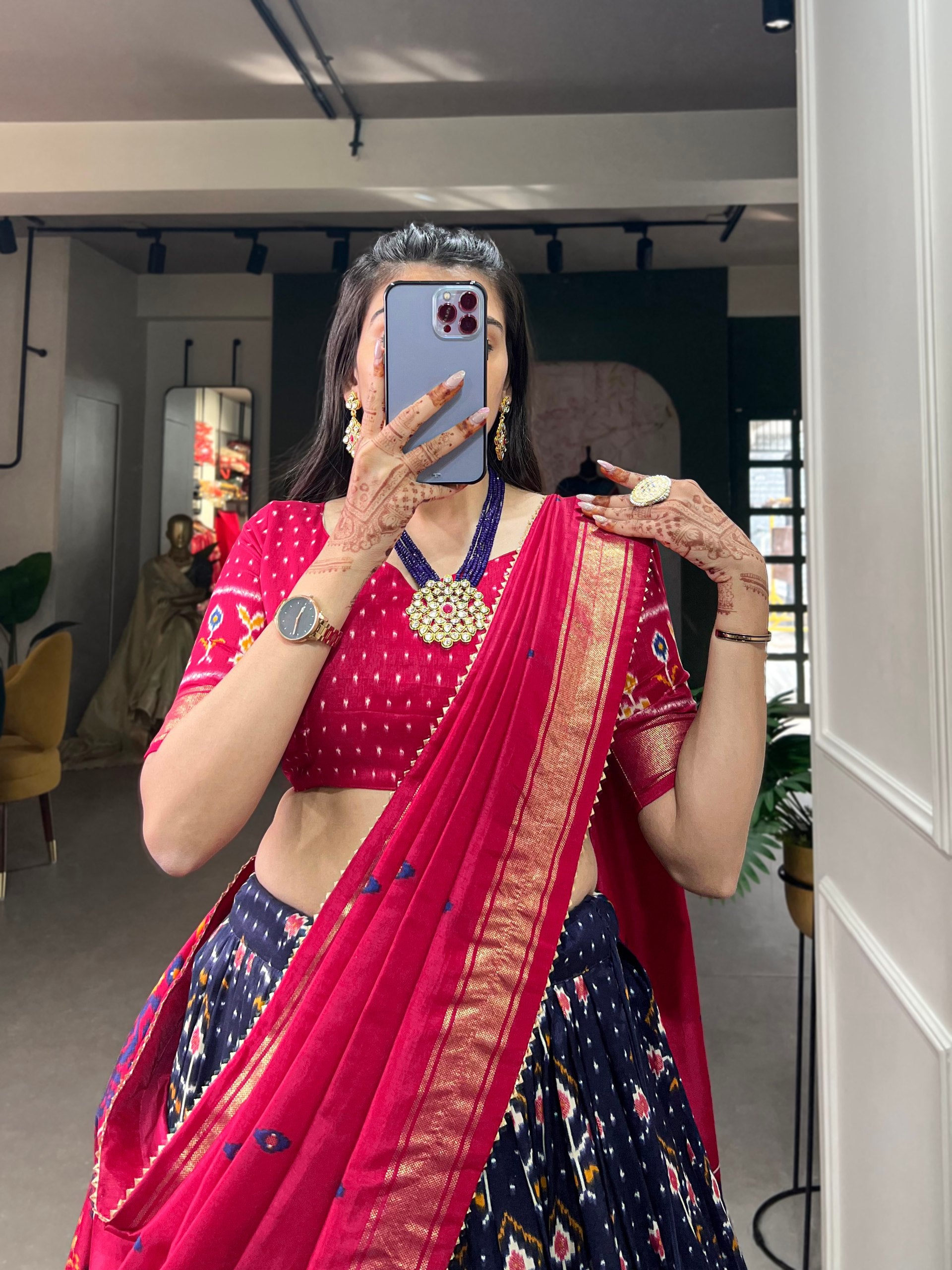 Traditional Patola Motif Lehenga Choli Set with Elephant Embroidery