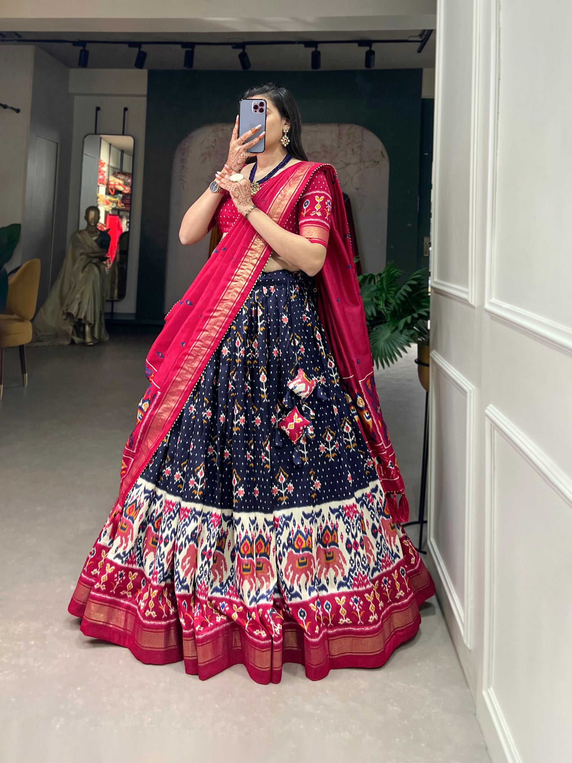 Traditional Patola Motif Lehenga Choli Set with Elephant Embroidery