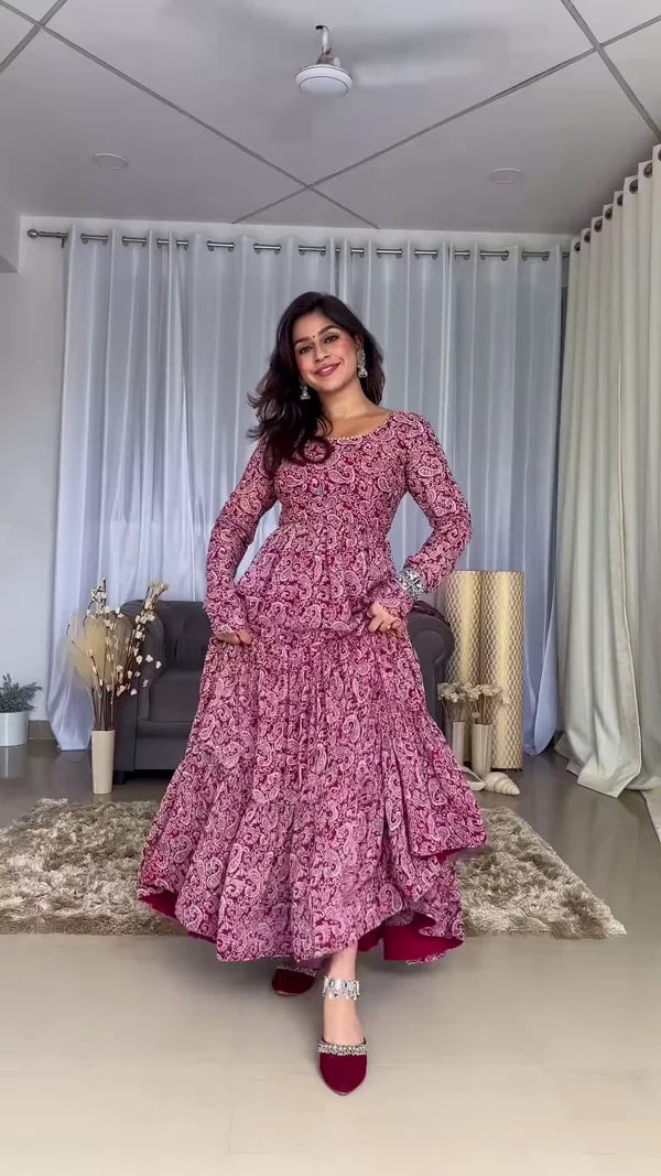 Maroon Paisley Printed Tiered Anarkali Maxi Dress